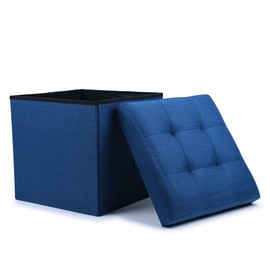WoneNice Folding Storage Ottoman Cube Foot Rest Stool Seat- 15" x 15" (Linen Navy)