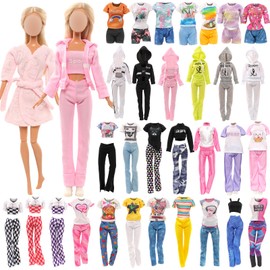 Miunana 15 PCS Juegos de Ropa de Muñeca con Capucha, 7 Blusas + 7 Pantalones + 1 Pijama,Pijama de Muñeca para Niñas de 30 CM,Traje Deportivo Casual,Tops y Pantalones Vestidos para Muñeca