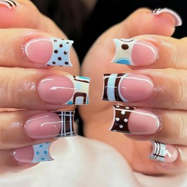 PINE WAVES 24Pcs Blue Press on Nails Almond, Summer Nails with Polkadot & Stripes Design, Reusable Full Coverage Acrylic Fake Nails, Blue Nails & Summer Press on Nails (Square French polka dots)