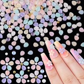 500Pcs Flower Nail Charms Kit, 400Pcs 3D Colorful Flowers Petals and 100Pcs Round Pearls with Nail Beads, Cherry Blossom Petal Tiny Gems Mixed Rhinestone for Nails DIY (Kit 7)