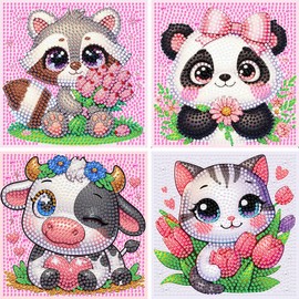 NIFILMTH Cartoon Diamond Art Kits for Beginners, 6×6 inch 4 Pack 5D Cute Animals Diamond Painting Kits DIY Jewel Dots Crystal Big Gem Art for Home Wall Decor Gift