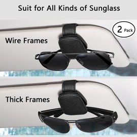 quipuda 2 Packs Sunglasses Holder for Car Sun Visor Accessories, Magnetic Geniune Leather Car Sunglass Holder, Glasses Clip for Automotive Eyeglass Hanger, Ticket Card Clip (Black)