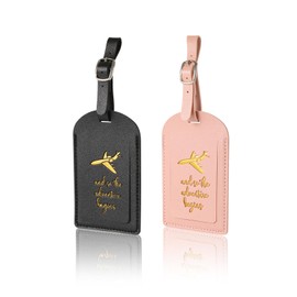 2pcs PU Leather Luggage Tags, Travel Baggage Tag with Adjustable Strap & Privacy Protection Cover Suitcase Tags Bag Tags ID Tags Luggage Address Tags for Women Men (Black, Pink)