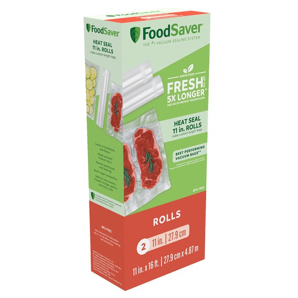 FoodSaver 11" x 16' Vacuum Seal Rolls with BPA-Free Multilayer Construction for Food Preservation, 2-Pack