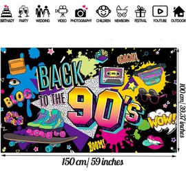 90's Party Decorations, Back To The 90's Backdrop Banner with Hanging Rope, 150x100cm Retro Hip Hop Graffiti Rock Punk Music Dance Wall Photography Background Birthday Party Supplies