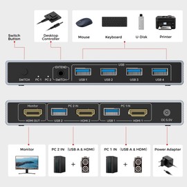 Unitek USB 3.0 HDMI KVM Switch 1 Monitor 2 Computers 4K@60Hz KVM Switches 4 USB Ports for 2 Computers Sharing Monitor Keyboard Mouse Hard Drives EDID Adaptive 2 USB Cable DC5V Adapter and Controller
