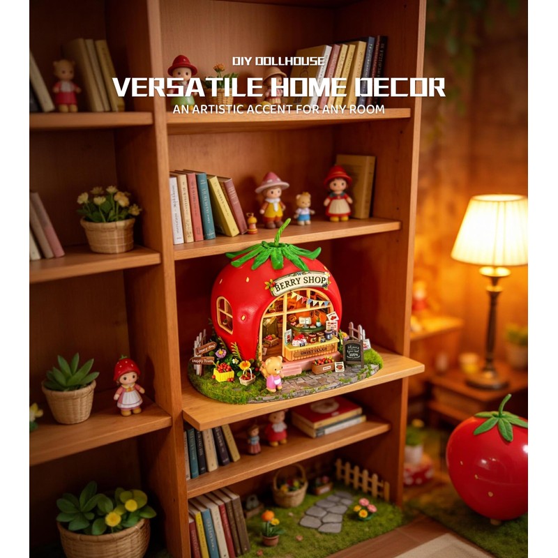 Roroom DIY Miniature House Kit, Strawberry Sweet Shop Dollhouse Kit
