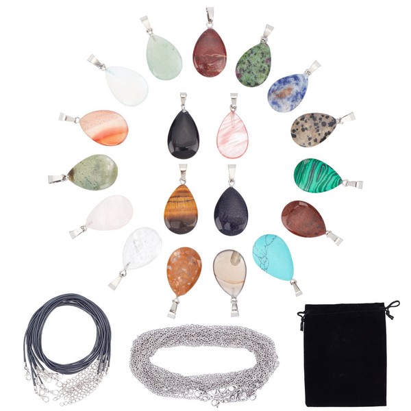 SUNNYCLUE 19 Styles Teardrop Stone Charms Set Natural Energy Healing Crystal Mixed Stone Pendants Chakra Gemstone Beads Rose Quartz Tiger's Eye with Waxed Cord Chains for Jewellery Making, Mixed Stone