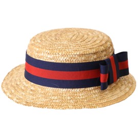 STRAW BOATER HAT WITH BLUE & RED RIBBON & BOW QUALITY SUMMER HAT SCHOOL FANCY DRESS ACCESSORY MENS & LADIES HAT IN 6 STYLES (EDWARDIAN BARBERSHOP BOATER)