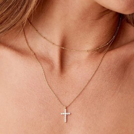 Luxury Hypoallergenic 18K Gold Plated Stainless Steel Double-Layer Micro Inlaid Zircon Cross Necklace with Adjustable ChainColor: Gold