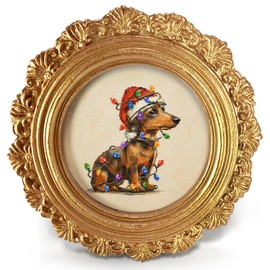 Christmas Dog Dachshund Santa Small Hat Round Picture Frame Home