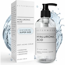 Hyaluronic Acid Serum 8 oz - 100% Pure Organic HA - Anti Aging, Anti Wrinkle - Original Face Moisturizer for Dry Skin & Fine Lines - Leaves Skin Full & Plump - ASTERWOOD NATURALS - Pump Bottle