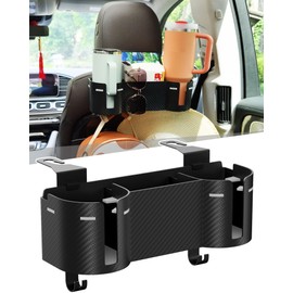 Car Headrest Backseat Cup Holder 3.7" with Organizer, High Capacity 4 in 1 Seat Back Organizer with Headrest Hooks, Multifunctional Storage for Car Travel Accessories Compatible with Most Vehicles