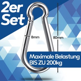 GARSIDURO® Carabiner Hooks, Set of 2, 8 x 80 mm, Galvanised Steel, DIN 5299, Fire Brigade Carabiner with Snap Lock Suitable as Key Ring Carabiner or Heavy Duty Carabiner Caravan