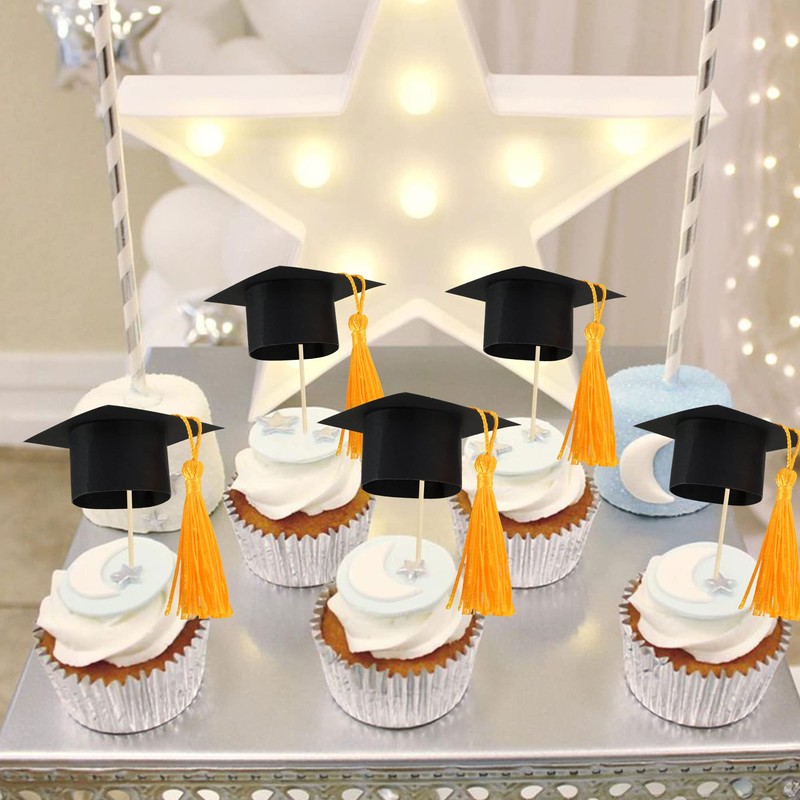 Gyufise 24Pcs 2026 Graduation Cap Cupcake Toppers with Gold Tassel