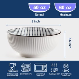 Hesen 60 oz Large Soup Bowl, Pho Bowls, Japanese Ramen Bowl Set, Big Porcelain Bowls Set of 3, 8 inches, Stripe Pattern