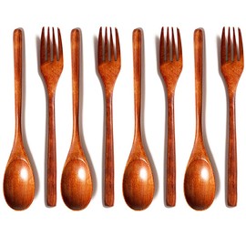 Set of 8 Wooden Cutlery, Wooden Fork, Wooden Spoon, Wooden Spoon, Wooden Kitchen Utensils, Reusable Natural Wooden Spoon Fork Set, for Party, Banquet, Buffet, Catering, Everyday Life, Brown