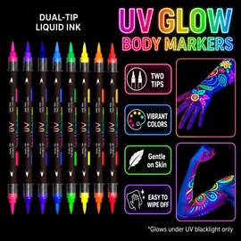 16 Colors 8Pcs Glow in The Dark Face Paint Markers, UV Neon Body Paint Pens, Black-light Body Painting for Skin, Washable Temporary Tattoo Pens for Halloween, Music Festivals Parties (16, black)