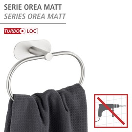 WENKO Turbo-Loc® Orea Matt Towel Ring, Fixing No Drilling, Flexible Up and Down Moving Towel Rail, Solid Quality, Rustproof Stainless Steel, Matt, 20.5 x 12.5 x 7.5 cm