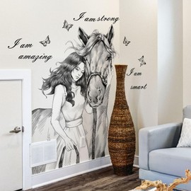 2 PCS Girl & Horse Inspirational Wall Decals Peel and Stick Black Motivational Wall Decor for Office Pioneer Woman Wall Stickers & Murals Bedroom Living Room Hallway Entryway Positive Affirmations