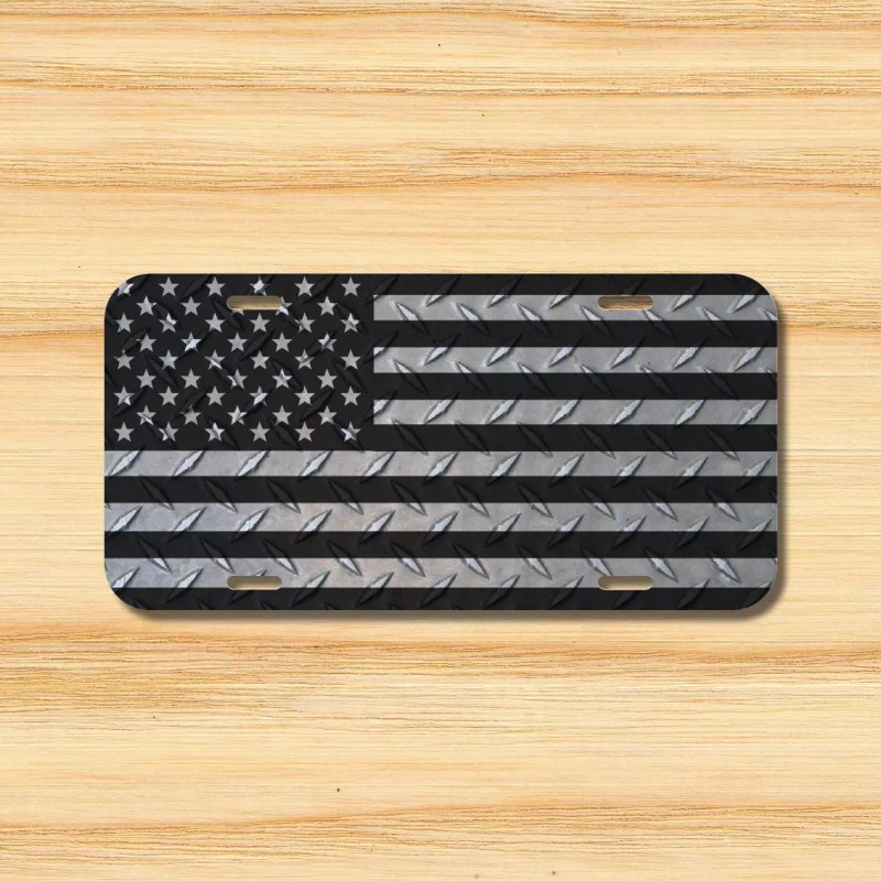 Amel Diamond Plate USA American US Flag Vehicle License Plate