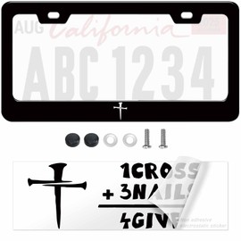 1pcs Black Cross of Nails Pattern License Plate Frames - Christian Religious Cross with Nails Jesus Christ Car tag Frames Girly - License Plate Cover Holder for Vehicle with Vinyl Sticker