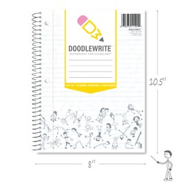DoodleWrite Wide Ruled Wirebound Spiral Notebook, Includes Doodle Prompts to Keep Focus, Spark Creativity/Imagination, Relieve Stress, 10.5" x 8", 50 Sheets/100 Pages, White (11101) (Pack of 1)