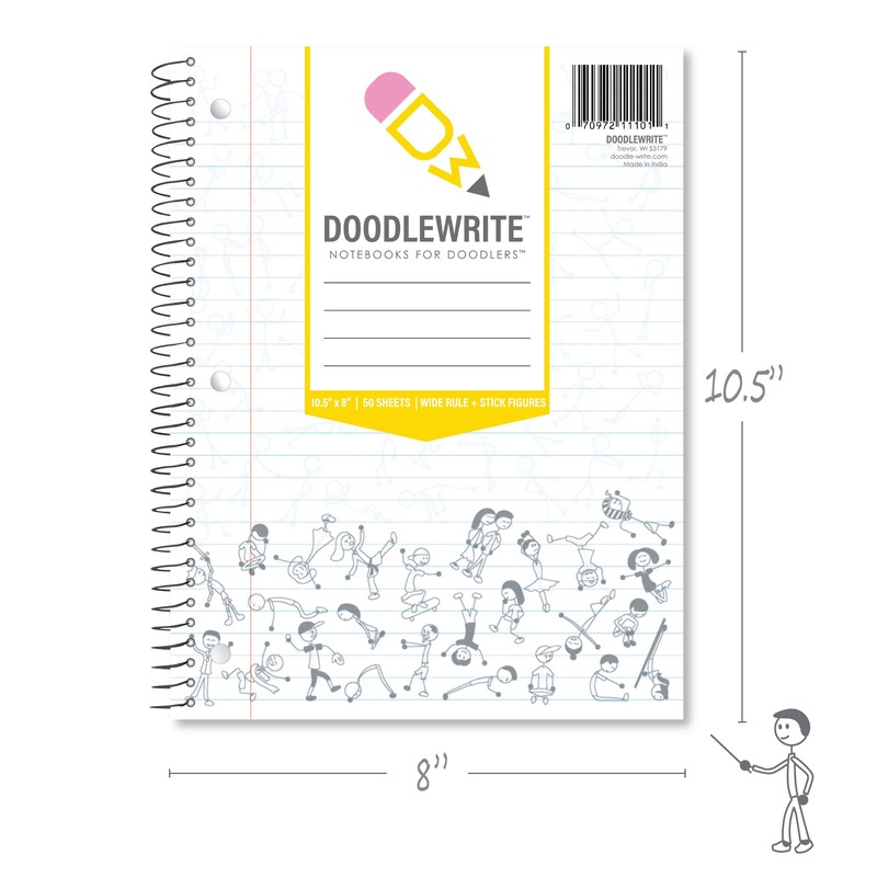 DoodleWrite Wide Ruled Wirebound Spiral Notebook, Includes Doodle Prompts to