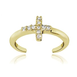 Hoops & Loops 925 Sterling Silver Cubic Zirconia Sideways Dainty Cross Toe Ring for Women Men Teen Girls,Yellow Gold