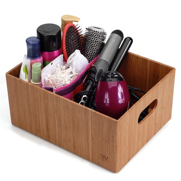 MobileVision Bamboo Bathroom Bin Organizer for Toiletries, Make Up & Cosmetics, Brushes, Styling Tools & Products, Cleaning Supplies, Toilet Paper 14” x 11” x 6.5”