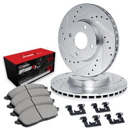 R1 Concepts Front Brake Kit For 1997-2005 Acura EL, 1996-2005 Honda Civic, 2010-2014 Honda Insight| Drilled Slotted Brake Rotors| Optimum OEP Brake Pads and Rotors Kit| Hardware included