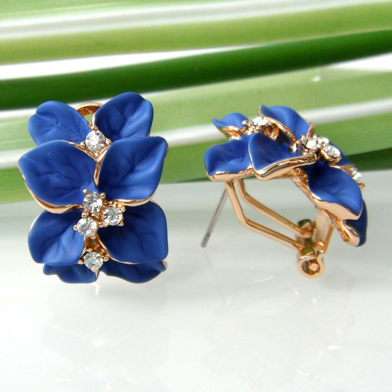 Navachi 18k Gold Plated Crystal Royalblue Enamel Leaves Flower Az2121e