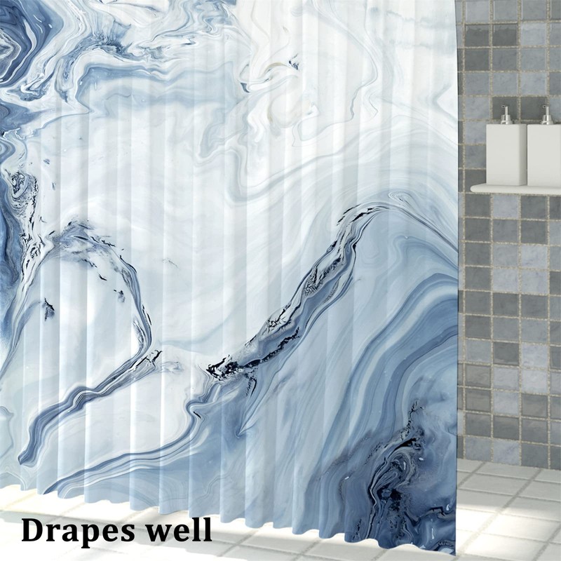 MIRRORANG Shower Curtain with 12 Hooks, Fabric, Light Blue Marble