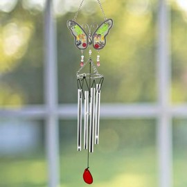 BANBERRY DESIGNS Butterfly Wind Chimes - Pressed and Dried Flowers Stained Glass Butterflies Hanging Windchimes - Approximately 20 Inches Long - Indoor - Outdoor - Patio - Garden Chimes