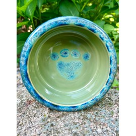 Green Ceramic Dog Bowl, Cat Food Bowl, Pet Dish, Handmade Ceramic with Paw Print, Green and Turquoise