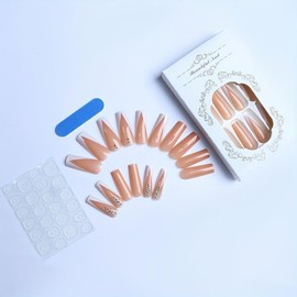 White French Tips Press on Nails Long Square Stick on Nails with Colorful Rhinestones Design Glossy Skin Tones Fake Nails Full Cover False Nails Sparkly Glue on Nails for Women Girls Manicure 24Pcs