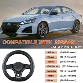 GIANT PANDA D Shape Steering Wheel Cover for Nissan Rogue Kicks - Auto Car Steering Wheel Cover Customized for Nissan Altima Sentra(Black+Blue Line-D-Shaped)