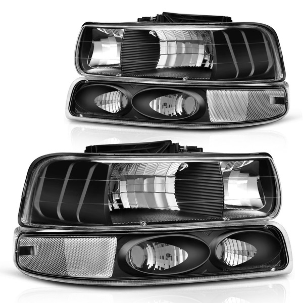 DWVO Headlight Assembly Compatible with 1999-2002 Chevy Silverado / 2000-2006 Chevrolet Tahoe Suburban with Bumper Lights Clear Reflector Black Housing