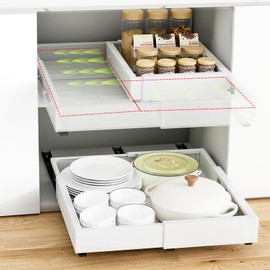 Expandable Pull Out Cabinet Organizer, Adjustable Width 12"-19" & Depth 16.5"-22", 4-Side Extension, 5 Slide Rails for Heavy Duty Use, Adhesive Roll Out Shelves for Kitchen Cabinets, White 1PCS