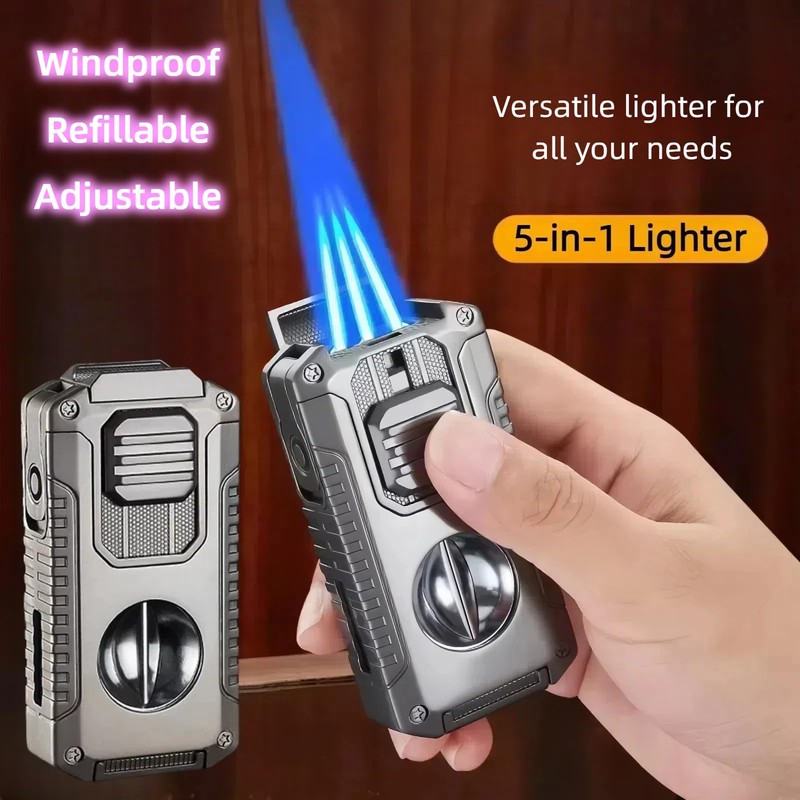 NINSI 5-in-1 Butane Torch Lighter, Windproof Triple Blue Flames, Adjustable