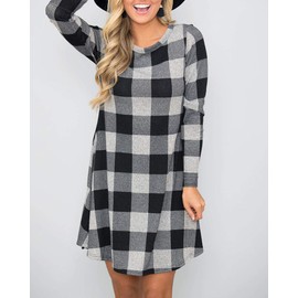 MIROL Women's Long Sleeve Plaid Color Block Casual Swing Loose Fit Tunic Dress
