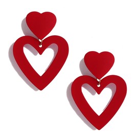 PopTopping Double Heart Drop Earrings Red Heart Zinc Earrings Love Heart Dangle Earrings For Women Valentine's Day Mother's Day Gift (Dark Red)