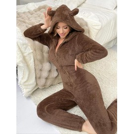 Women's Solid Zip Up Hooded Fuzzy Onesie, Casual Long Sleeve Flannel Jumpsuit for Fall & Winter, Women's Sleepwear for Indoor Wear Onesies Pajama, Jumpsuit for Women - Color: Coffee Brown, Size: M