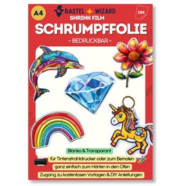 BastelWizard - Premium Shrink Film for Crafts - 10 Printable Shrink Film - DIN A4 Craft Film for Children and Adults DIY