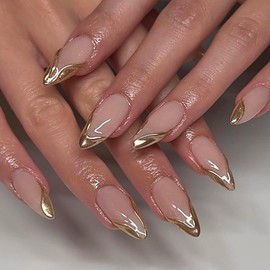 Uas Postizas Medianas Press On Corazn 3D Brillante, Mariposa y Lneas Onduladas, Uas Postizas Acrlicas, Ajuste Perfecto y Reutilizables Naturales Set de 24 Uas (French Gold, 24pcs)