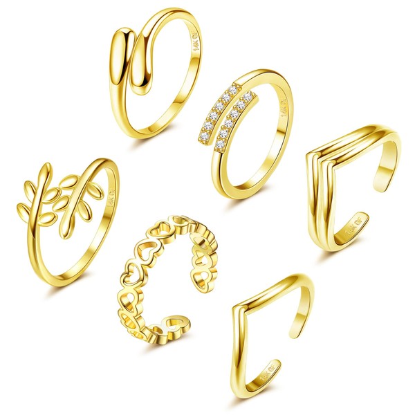 FIOROYAL 6Pcs 14K Gold Filled Toe Rings Adjustable Gold Toe