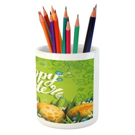 Lunarable Easter Pencil Pen Holder, Cultural Calligraphy with Flowers Petals and Eggs Nature Love Art Image, Printed Ceramic Pencil Pen Holder for Desk Office Accessory, Green Orange