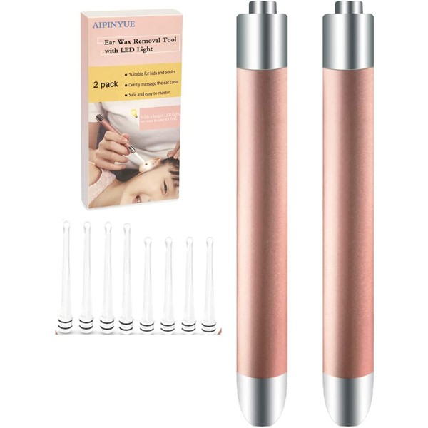 Ear Wax Removal Tool，Ear Pick，LED Lights Ear Cleaning Kit，Updated Version、Non-Slip，Soft Safety Spoon Head、BPA Free，Replaceable and Easy to Clean，Safe Material (Two Golden)