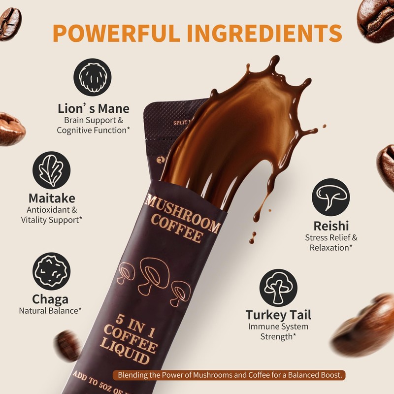 Cold Brew Mushroom Coffee, 15 Packets, Coffee Concentrate Liquid with