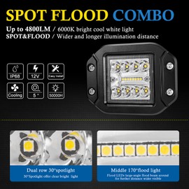 BUNKER INDUST Flush Mount LED Pods Light, 2Pcs 5 Inch Spot Flood Combo Beam 4800LM Triple Row Driving Off Road Light Bar Waterproof Led Work Light for Golf Cart Trucks Tractor SUV 4x4 ATV UTV